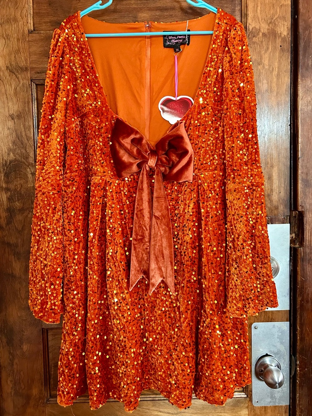 NWT Orange Sequin Velvet ‘60s Priscilla Party Dress with Bow